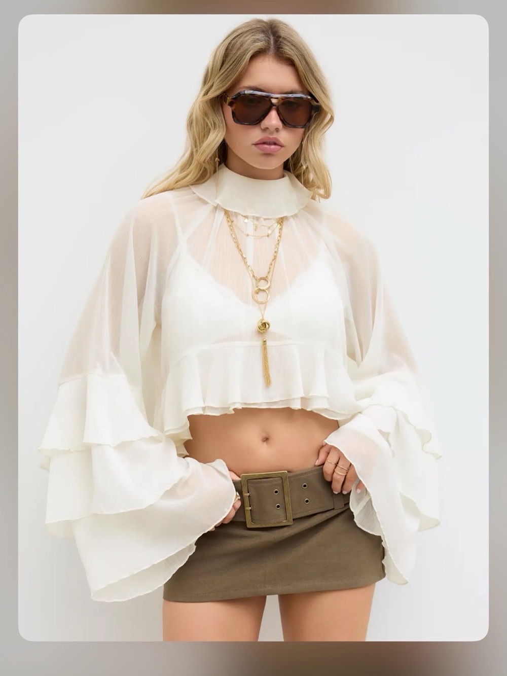CHIFFON HIGH NECK RUFFLE DOLMAN SLEEVE SEE-THROUGH CROP BLOUSE S - Picture 4 of 9